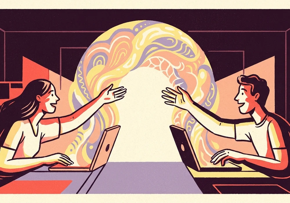 Two friends reaching toward each other through glowing laptop screens