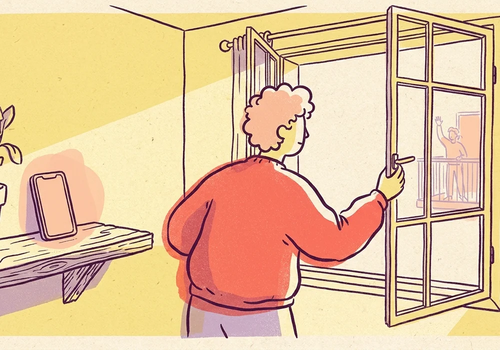 A person stepping away from a screen and opening a door to daylight