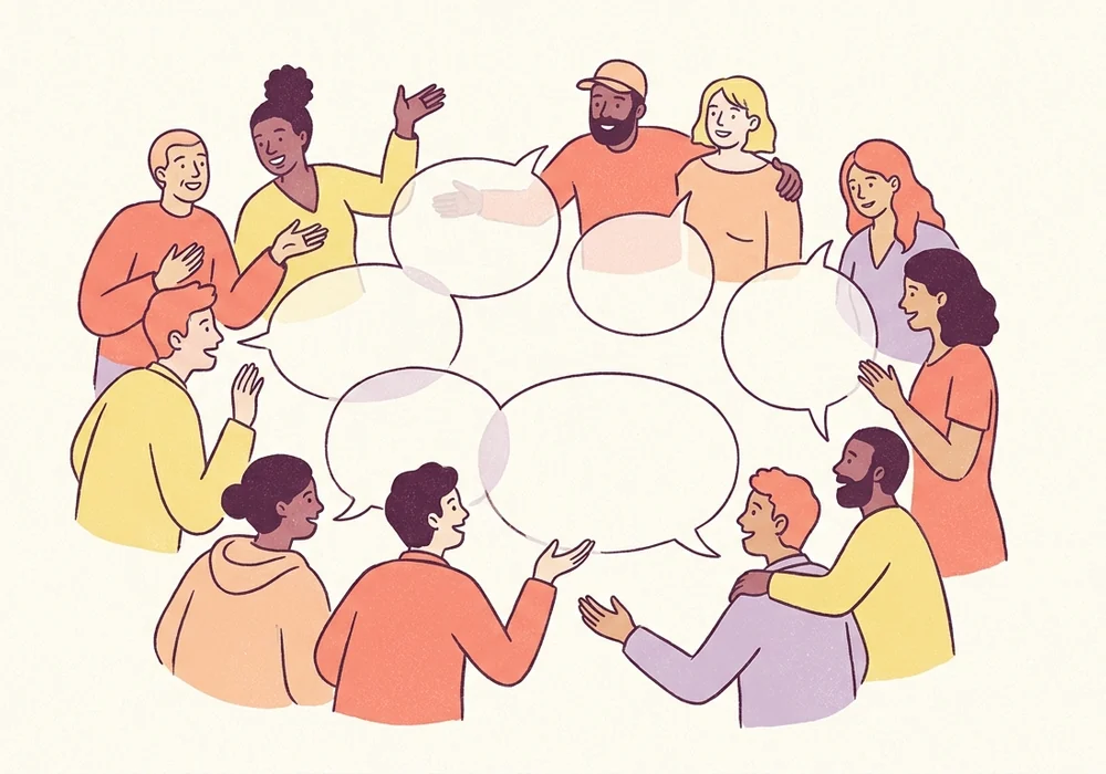 A diverse group sharing a circle of overlapping speech bubbles