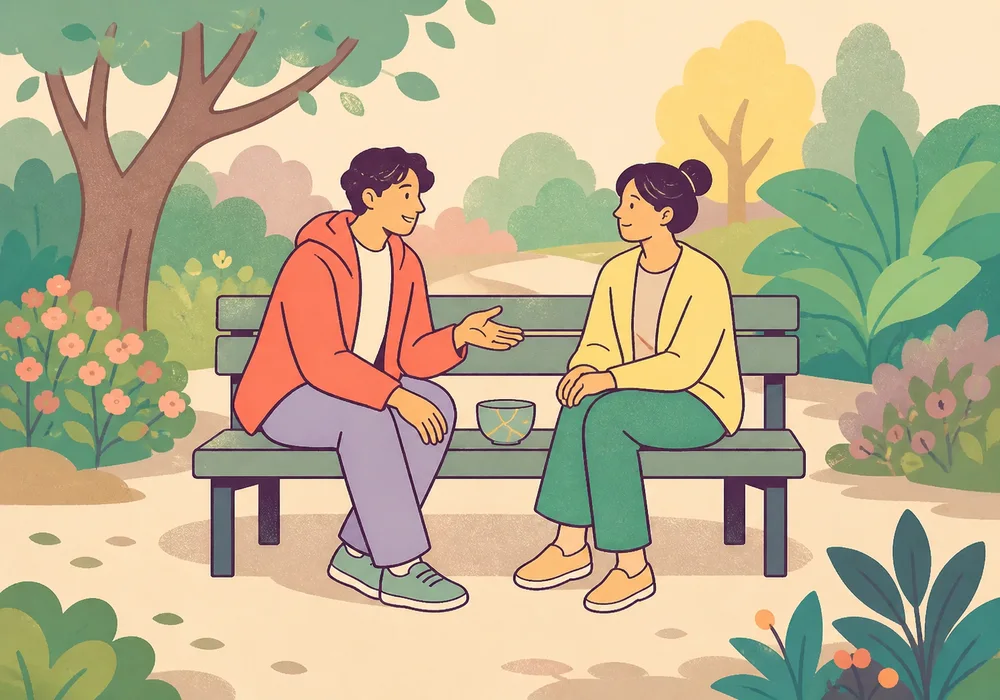 One friend offering a sincere apology while the other listens with space