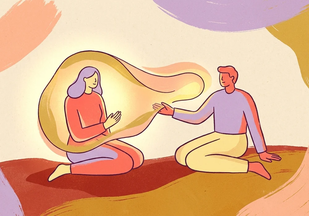 Two people exchanging warm words in a calm conversation