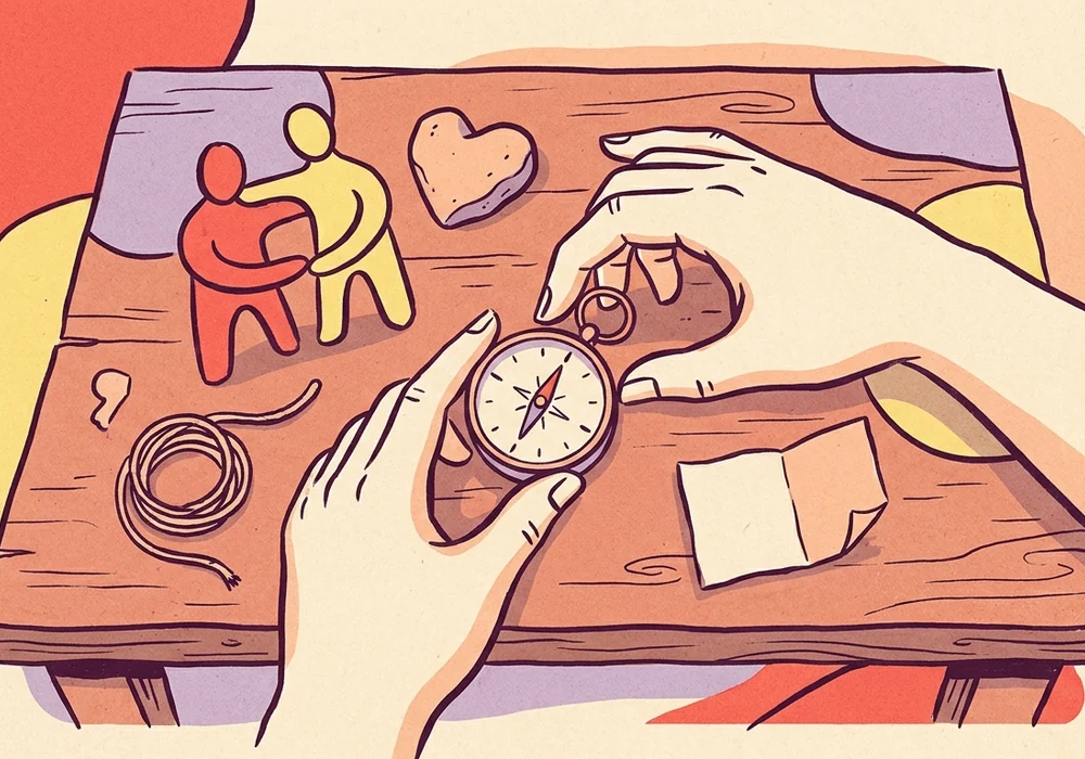 Hands using a compass beside symbols for values and direction