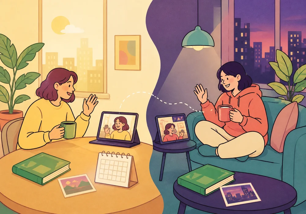 Two friends in distant places sharing a warm video call and calendar