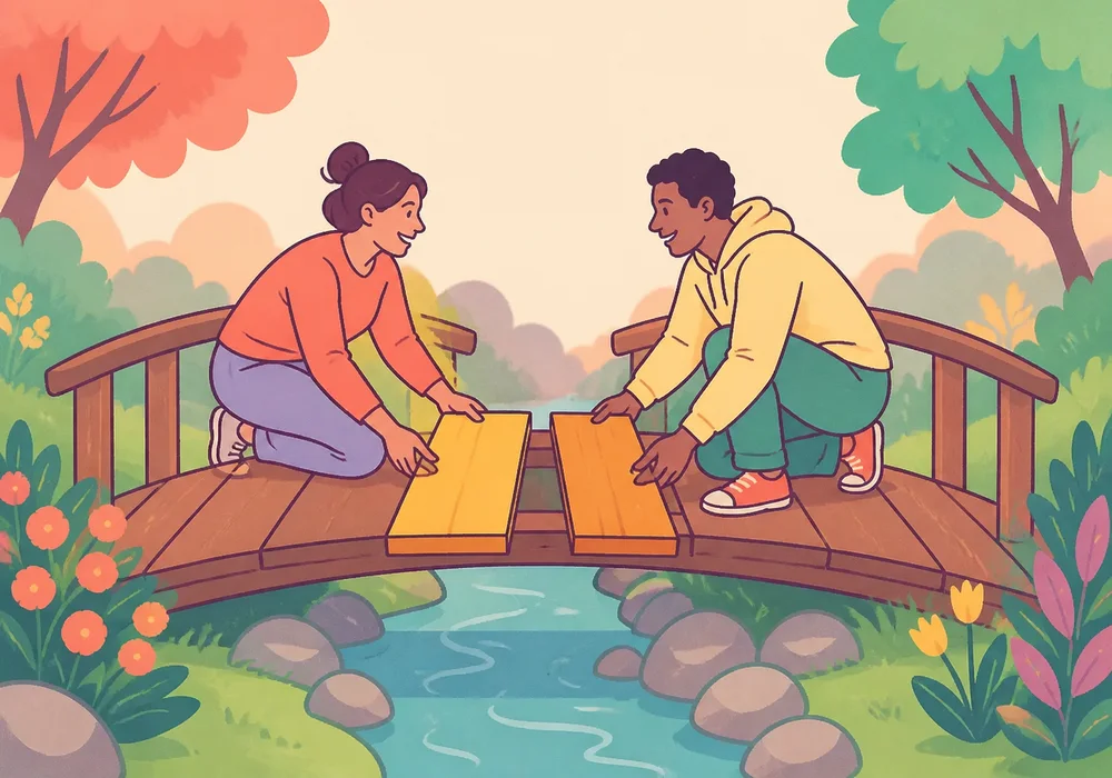 Two friends repairing a broken bridge after an argument