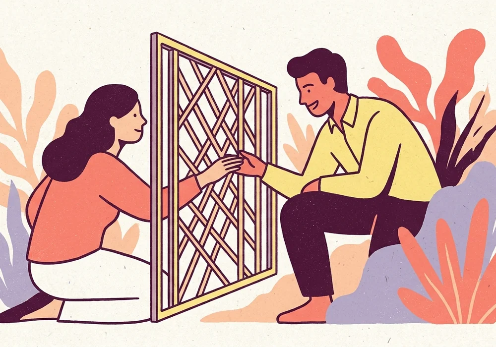 Two friends speaking calmly from opposite sides of an open gate