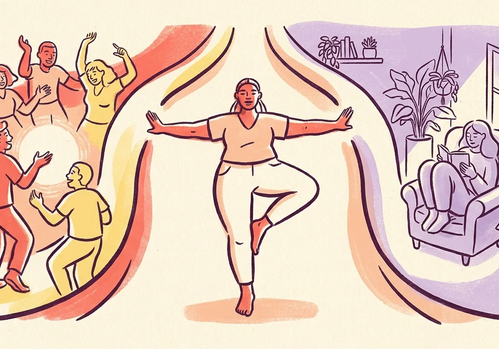 A person balancing quiet time and social activity between two spaces
