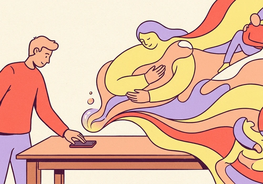 A person separating from a stream of hearts, reactions, and notifications
