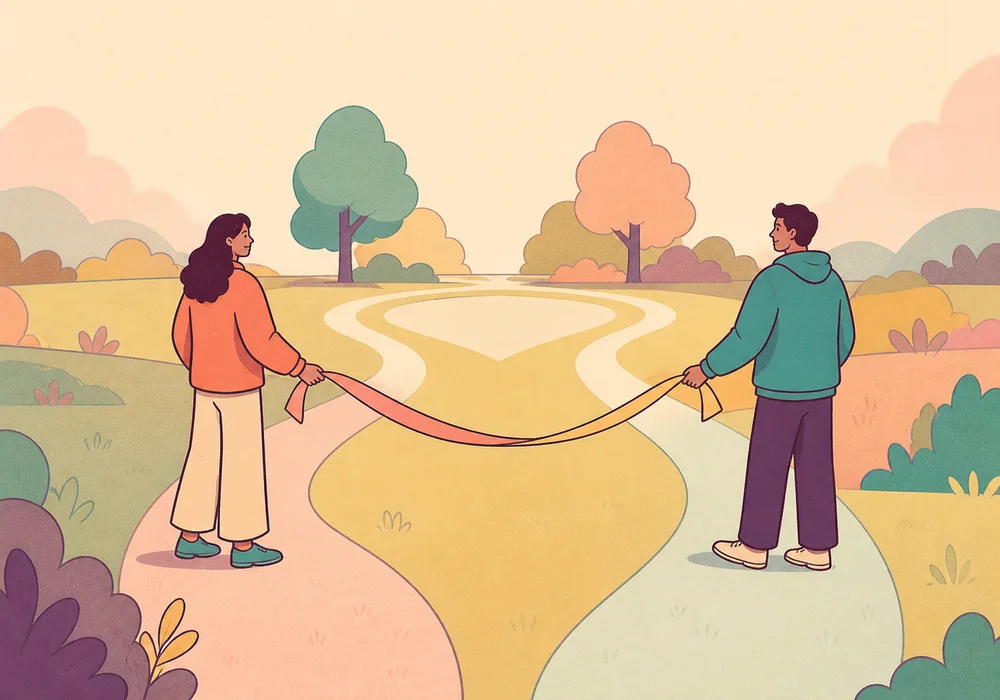 Two friends on separate paths reaching back toward a shared connection