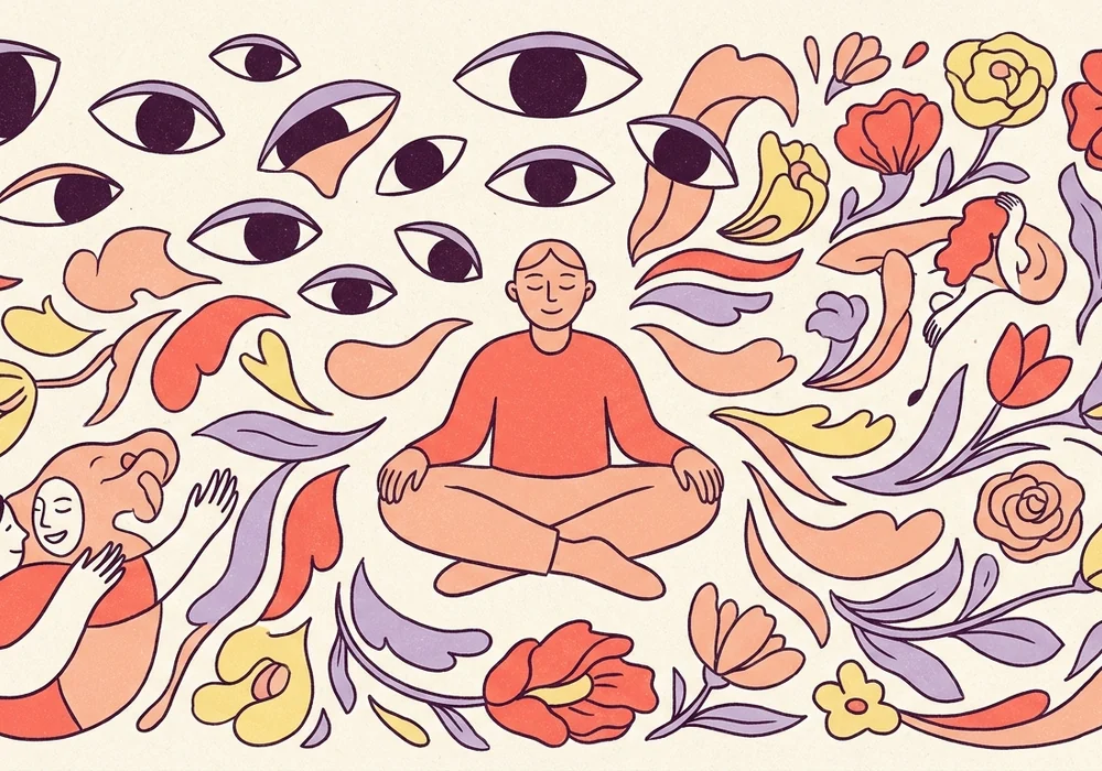 A calm person surrounded by watching eyes, thoughts, and flowers