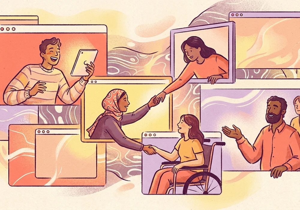 Friends connecting through video calls, messages, and shared online spaces