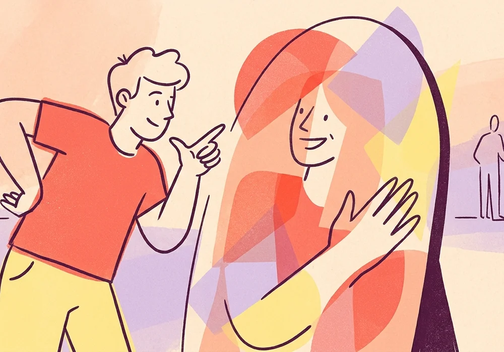 A person meeting their colorful reflection while a friend points toward it